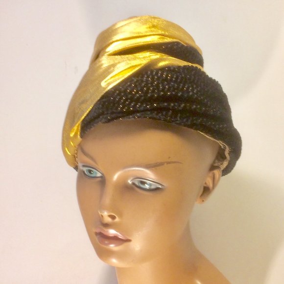 Vtg Gold Lame Black Velvet Sculptural Beehive Hat